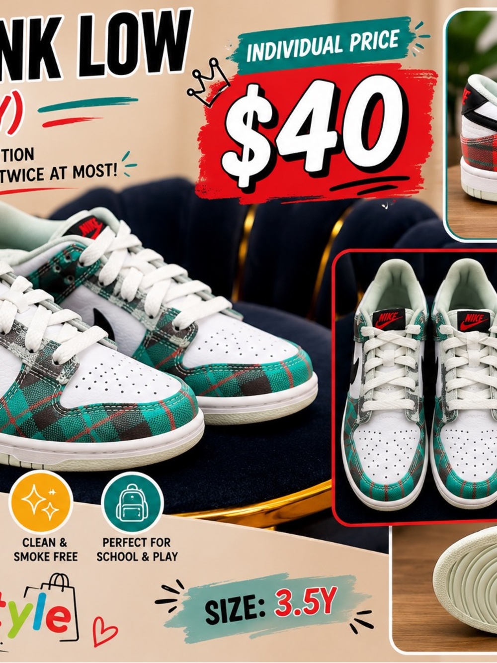 Kids Plaid Low-Top Sneakers in Green & White - Size 3.5Y
